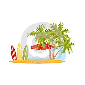 Blue ocean wave and sandy beach with palm trees, umbrella and surfing boards. Vacation on Bali. Flat vector design