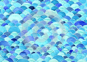 Blue ocean wave and scale of fish watercolor hand painting frame background.