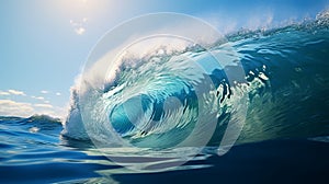 Blue ocean wave with splashes and foam. 3d render illustration