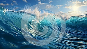 Blue ocean wave with splashes and sun. 3d render illustration