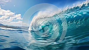 Blue ocean wave with splashing water surface and blue sky background