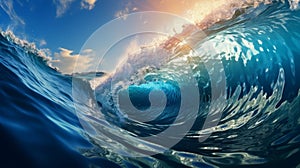 Blue ocean wave with sun and blue sky. 3D Rendering