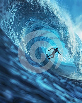 Blue ocean wave, surfer silhouette, action shot, highspeed shutter , 3D render photo