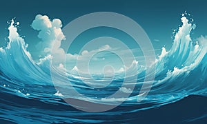 Blue ocean wave with white clouds and blue sky. illustration