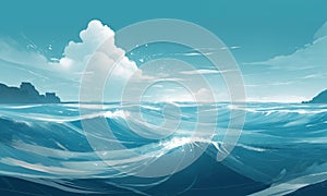 Blue ocean wave with white clouds and blue sky. illustration