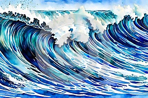 Blue ocean waves,  Watercolor illustration,  Clip art for your design