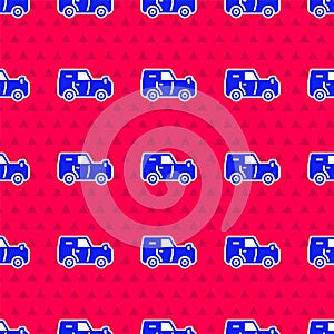 Blue Off road car icon isolated seamless pattern on red background. Jeep sign. Vector