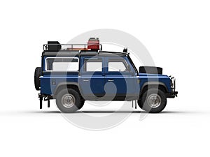 Blue off road vehicle with all equipment - side view