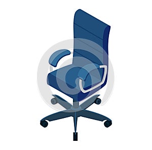 Blue office chair with armrests on wheels. Modern ergonomic swivel chair design. Comfortable workplace furniture vector