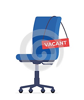 Blue office chair and sign vacant. Business hiring and recruiting concept. Vector illustration