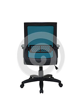 blue office fabric armchair on wheels isolated on white background, back view