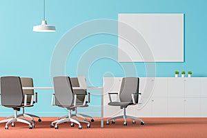 Blue office meeting room interior with poster