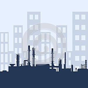 Blue oil factory silhouette and industrial city view. Petroleum industry. Vector template for web, infographics or interface