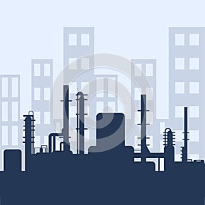 Blue oil factory silhouette and industrial city view. Petroleum industry. Vector template for web, infographics or interface