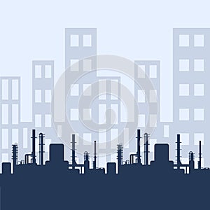 Blue oil factory silhouette and industrial city view. Petroleum industry. Vector template for web, infographics or interface