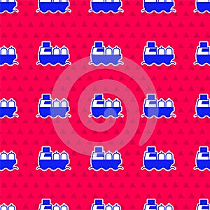 Blue Oil tanker ship icon isolated seamless pattern on red background. Vector