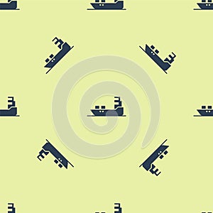 Blue Oil tanker ship icon isolated seamless pattern on yellow background. Vector Illustration