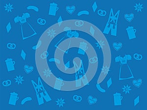 Blue oktoberfest background, light blue symbols of lederhosen, dirndl, beer, pretzel, edelweiss