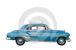 Blue, old and american car with trunk isolated