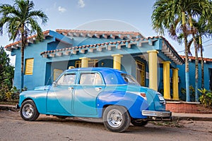 Blue old classic american car in Vinales Cuba