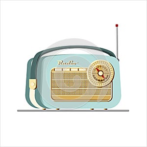 Blue old radio tuner. Vector illustration of vintage radio receiver, flat style.