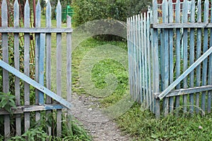 A blue old ragged gate to a dacha garden in a village with ground and grass and trees