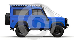 Blue old small SUV tuned for difficult routes and expeditions. 3d rendering.