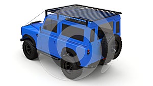 Blue old small SUV tuned for difficult routes and expeditions. 3d rendering.