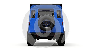 Blue old small SUV tuned for difficult routes and expeditions. 3d rendering.