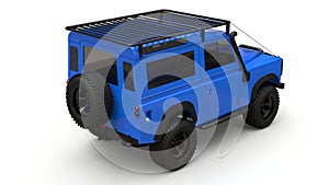 Blue old small SUV tuned for difficult routes and expeditions. 3d rendering.