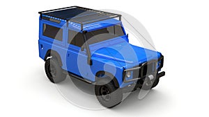 Blue old small SUV tuned for difficult routes and expeditions. 3d rendering.