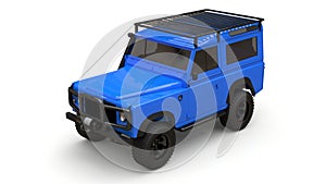 Blue old small SUV tuned for difficult routes and expeditions. 3d rendering.