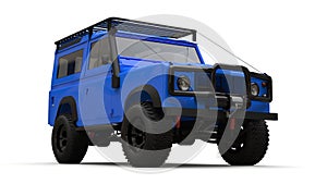 Blue old small SUV tuned for difficult routes and expeditions. 3d rendering.