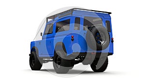 Blue old small SUV tuned for difficult routes and expeditions. 3d rendering.