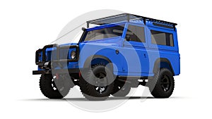 Blue old small SUV tuned for difficult routes and expeditions. 3d rendering.