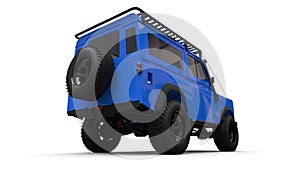 Blue old small SUV tuned for difficult routes and expeditions. 3d rendering.