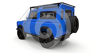 Blue old small SUV tuned for difficult routes and expeditions. 3d rendering.