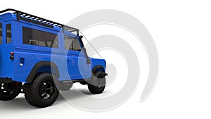 Blue old small SUV tuned for difficult routes and expeditions. 3d rendering.