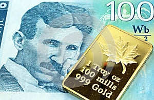 A blue one hundred Serbian dinar bill with a gold bar in macro