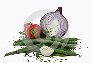 Blue onion, garlic, paprika and green beans isolated on white background. Fresh vegetables.