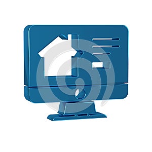 Blue Online real estate house on monitor icon isolated on transparent background. Home loan concept, rent, buy, buying a