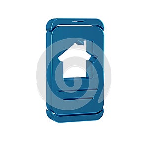 Blue Online real estate house on smartphone icon isolated on transparent background. Home loan concept, rent, buy