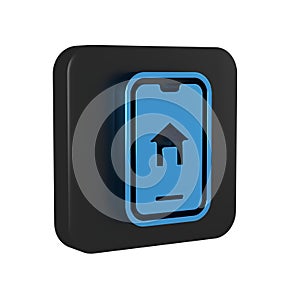 Blue Online real estate house on smartphone icon isolated on transparent background. Home loan concept, rent, buy