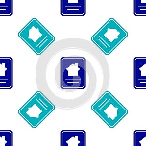 Blue Online real estate house on tablet icon isolated seamless pattern on white background. Home loan concept, rent, buy