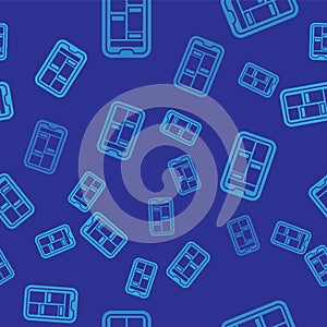 Blue Online shopping on mobile phone icon isolated seamless pattern on blue background. Internet shop, mobile store app