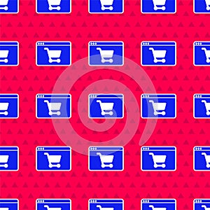 Blue Online shopping on screen icon isolated seamless pattern on red background. Concept e-commerce, e-business, online