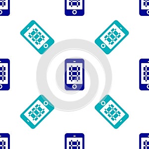 Blue Online ticket booking and buying app interface icon isolated seamless pattern on white background. E-tickets ordering.