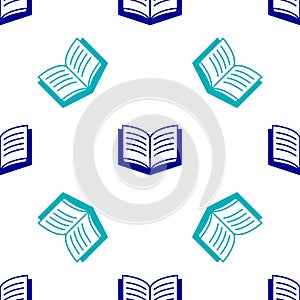 Blue Open book icon isolated seamless pattern on white background. Vector
