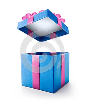 Blue open gift box with pink bow isolated