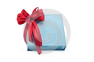Blue open gift box with red bow isolated on white